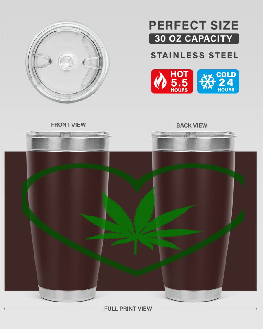 A stylish cannabis art 42# tumbler featuring vibrant cannabis-themed design, double wall vacuum insulation, and a press-in drink-thru lid.