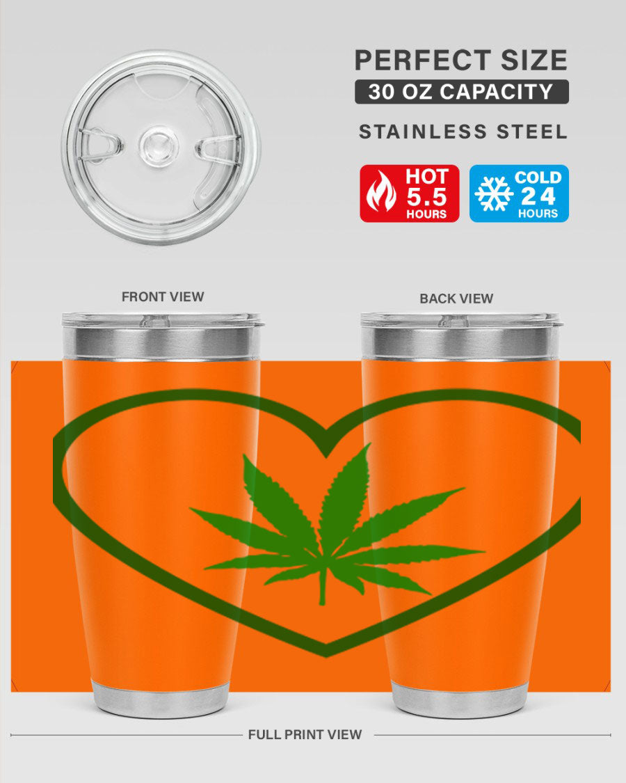 A stylish cannabis art 42# tumbler featuring vibrant cannabis-themed design, double wall vacuum insulation, and a press-in drink-thru lid.