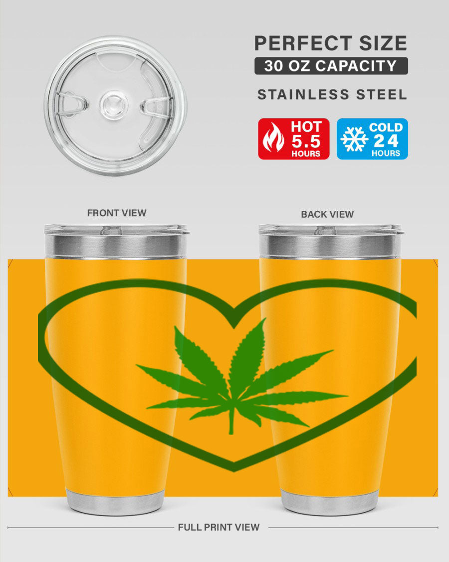 A stylish cannabis art 42# tumbler featuring vibrant cannabis-themed design, double wall vacuum insulation, and a press-in drink-thru lid.