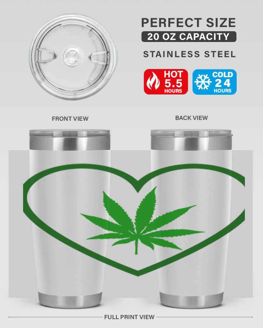 A stylish cannabis art 42# tumbler featuring vibrant cannabis-themed design, double wall vacuum insulation, and a press-in drink-thru lid.