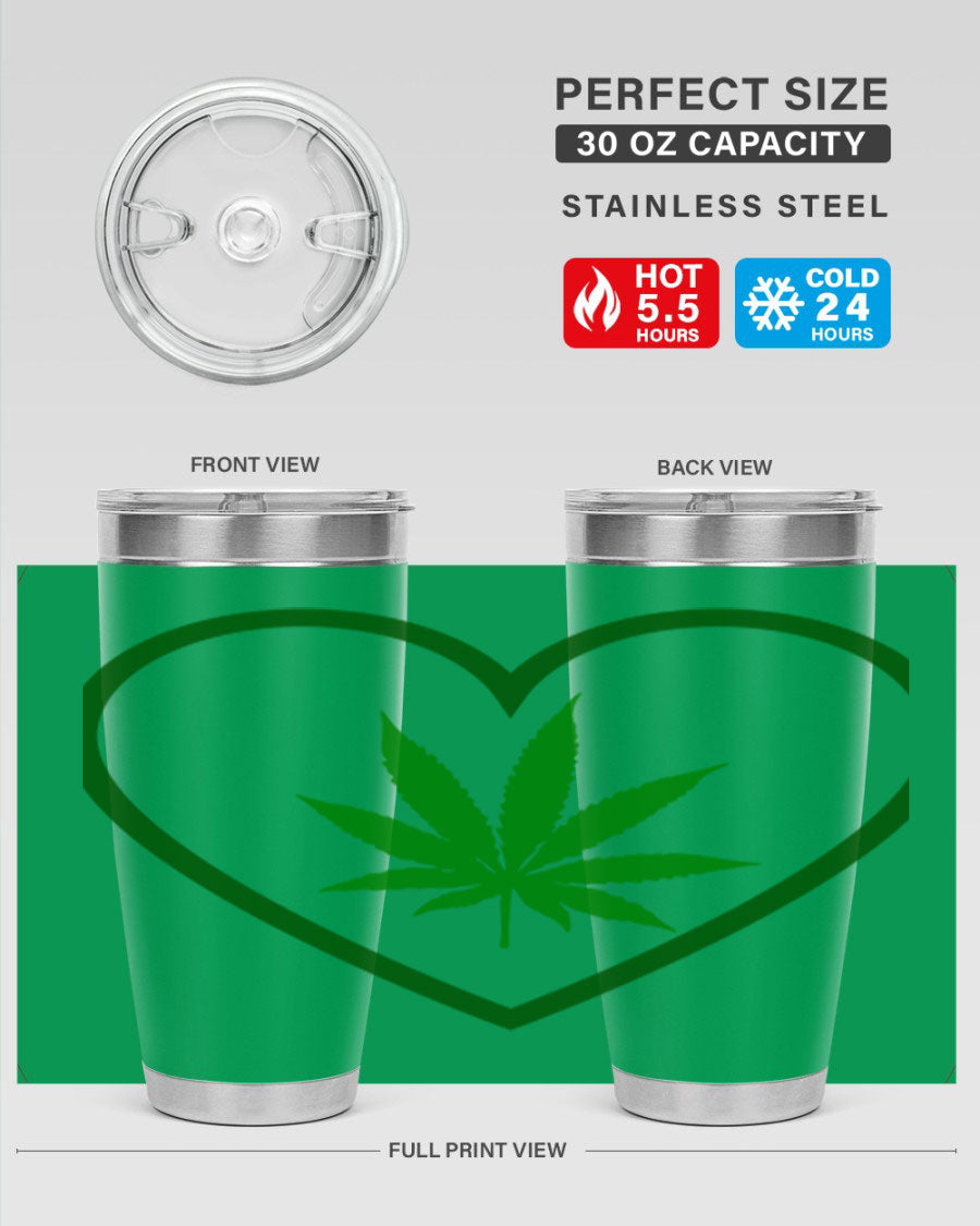 A stylish cannabis art 42# tumbler featuring vibrant cannabis-themed design, double wall vacuum insulation, and a press-in drink-thru lid.