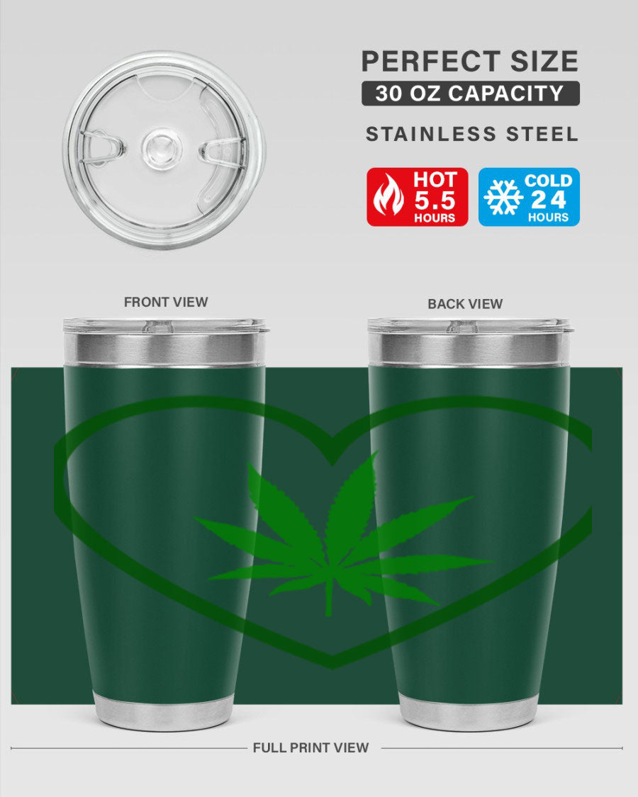 A stylish cannabis art 42# tumbler featuring vibrant cannabis-themed design, double wall vacuum insulation, and a press-in drink-thru lid.