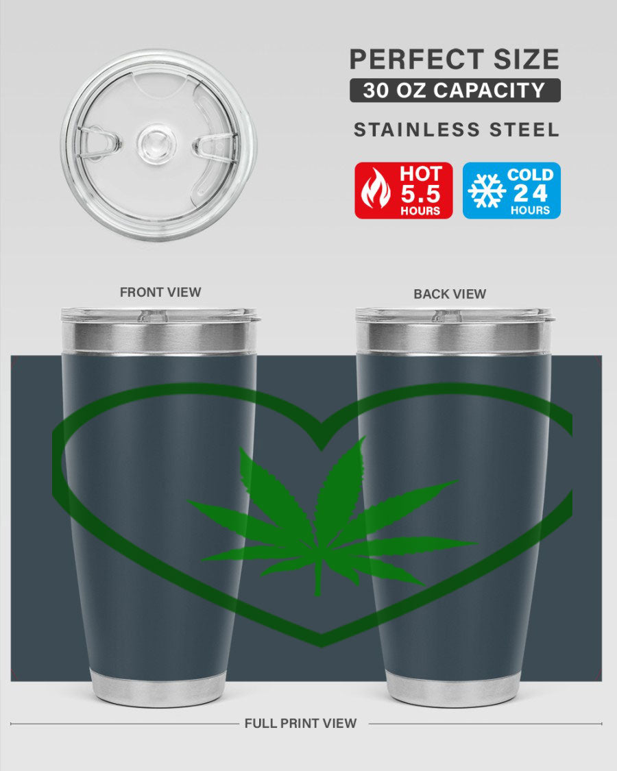 A stylish cannabis art 42# tumbler featuring vibrant cannabis-themed design, double wall vacuum insulation, and a press-in drink-thru lid.