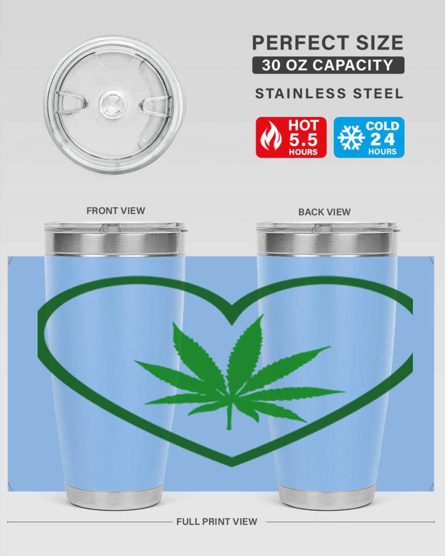 A stylish cannabis art 42# tumbler featuring vibrant cannabis-themed design, double wall vacuum insulation, and a press-in drink-thru lid.