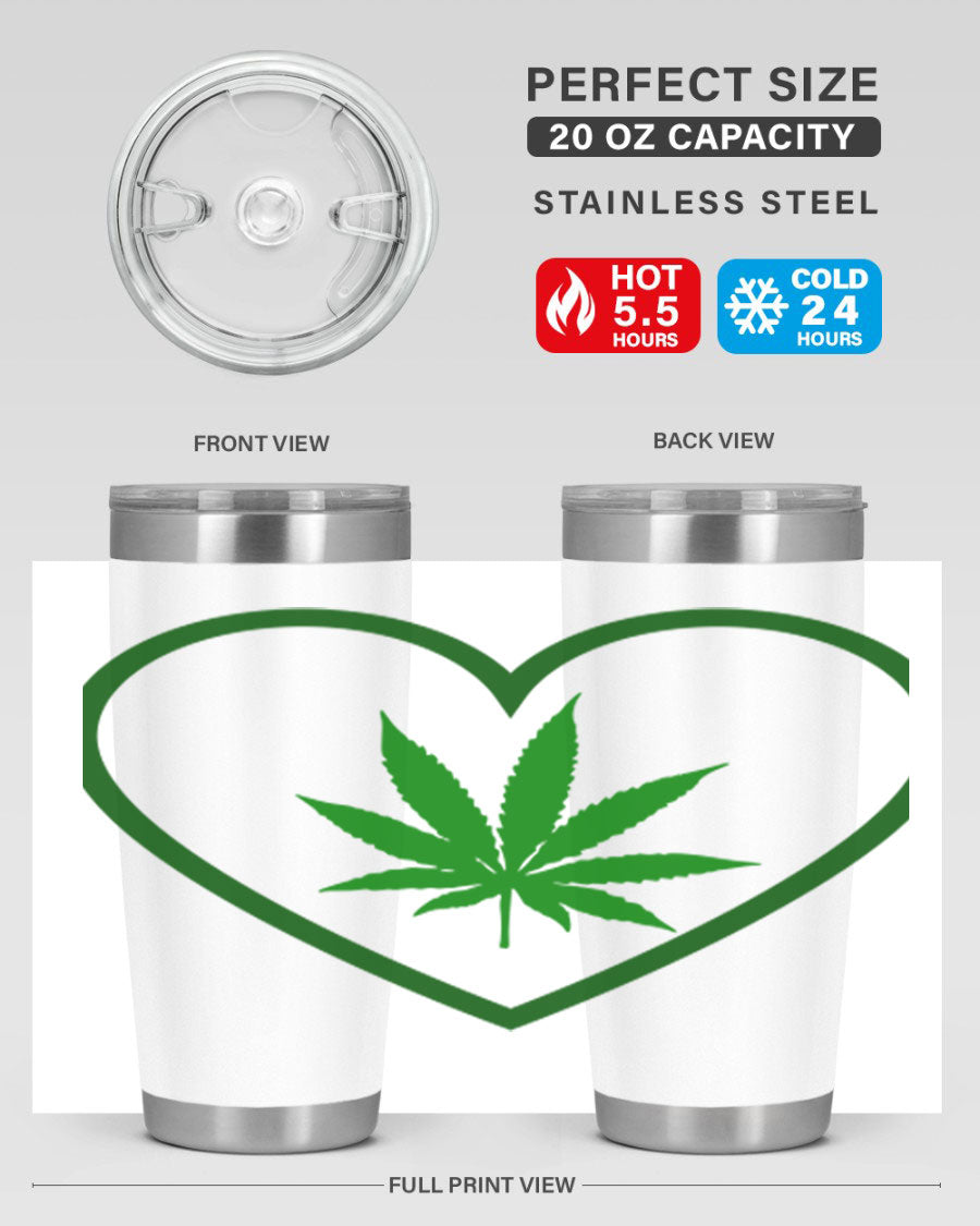 A stylish cannabis art 42# tumbler featuring vibrant cannabis-themed design, double wall vacuum insulation, and a press-in drink-thru lid.