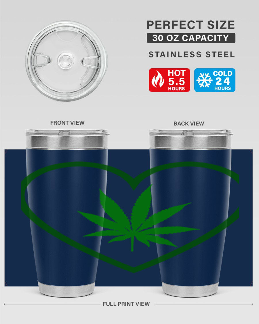 A stylish cannabis art 42# tumbler featuring vibrant cannabis-themed design, double wall vacuum insulation, and a press-in drink-thru lid.