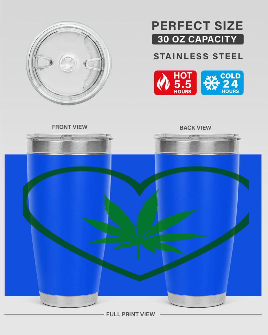 A stylish cannabis art 42# tumbler featuring vibrant cannabis-themed design, double wall vacuum insulation, and a press-in drink-thru lid.