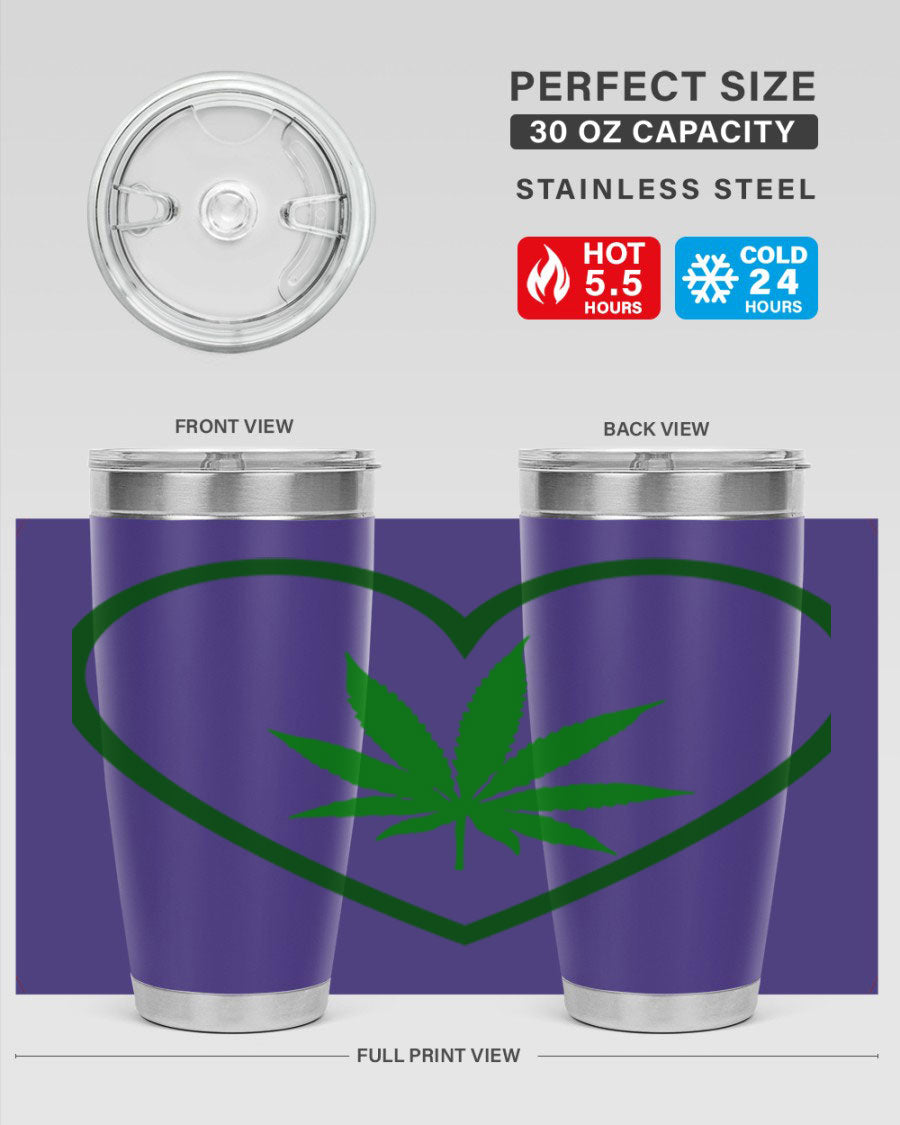 A stylish cannabis art 42# tumbler featuring vibrant cannabis-themed design, double wall vacuum insulation, and a press-in drink-thru lid.