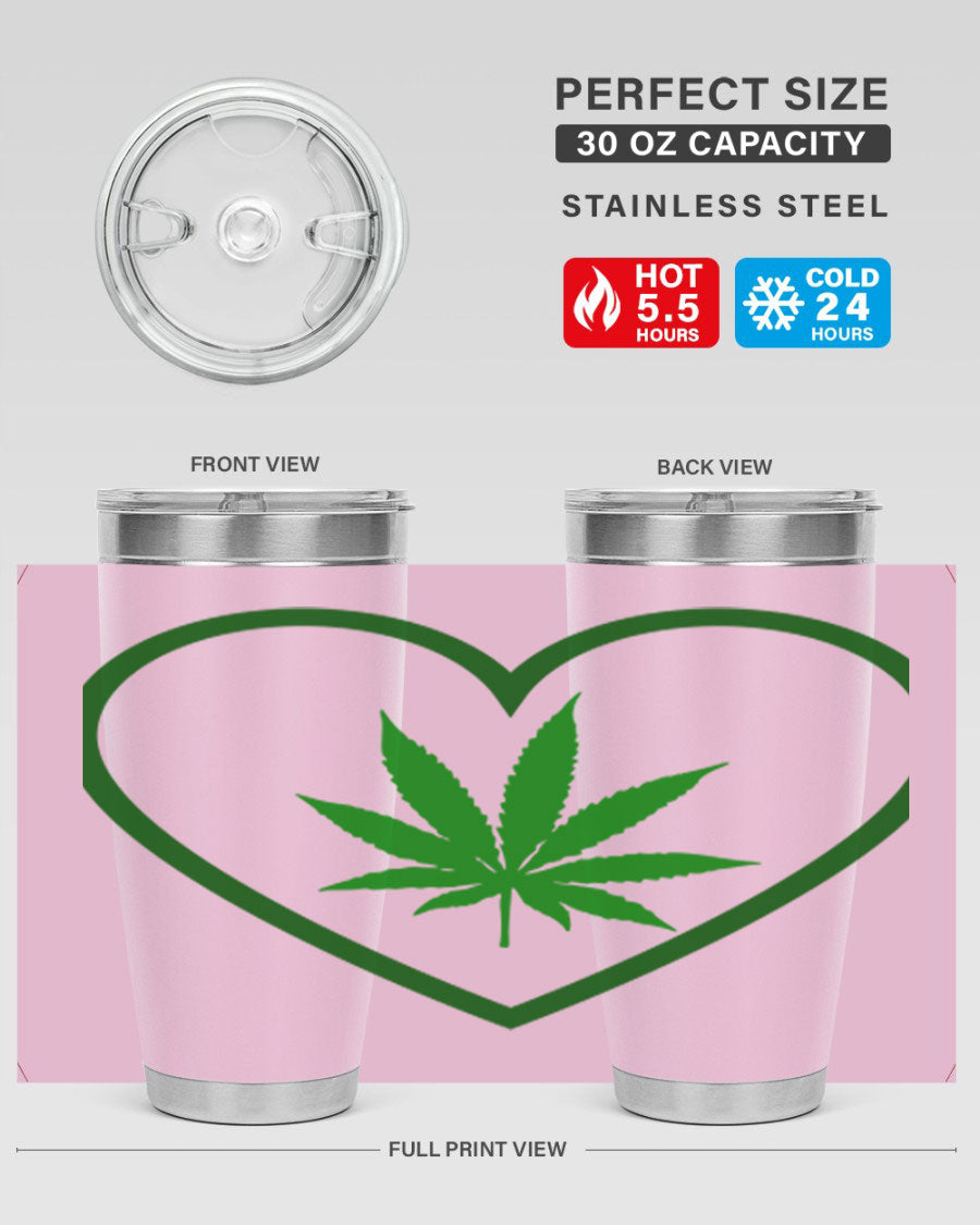 A stylish cannabis art 42# tumbler featuring vibrant cannabis-themed design, double wall vacuum insulation, and a press-in drink-thru lid.