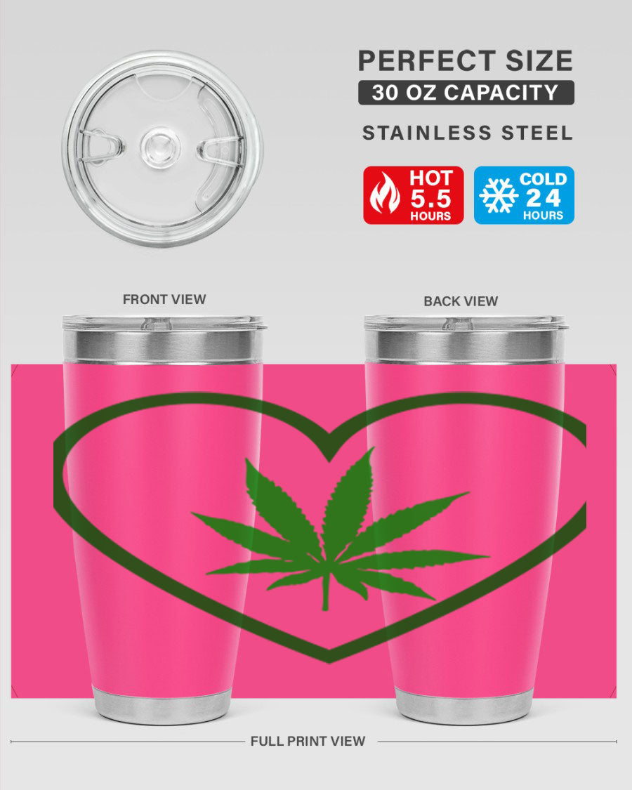 A stylish cannabis art 42# tumbler featuring vibrant cannabis-themed design, double wall vacuum insulation, and a press-in drink-thru lid.