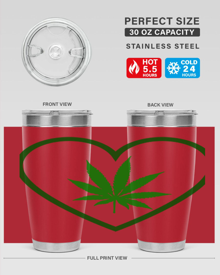 A stylish cannabis art 42# tumbler featuring vibrant cannabis-themed design, double wall vacuum insulation, and a press-in drink-thru lid.
