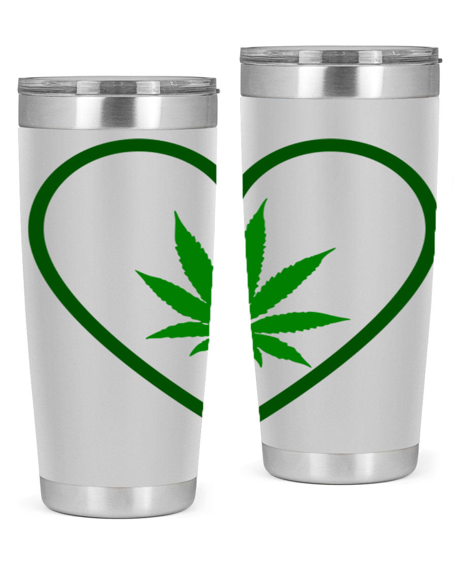 A stylish cannabis art 42# tumbler featuring vibrant cannabis-themed design, double wall vacuum insulation, and a press-in drink-thru lid.