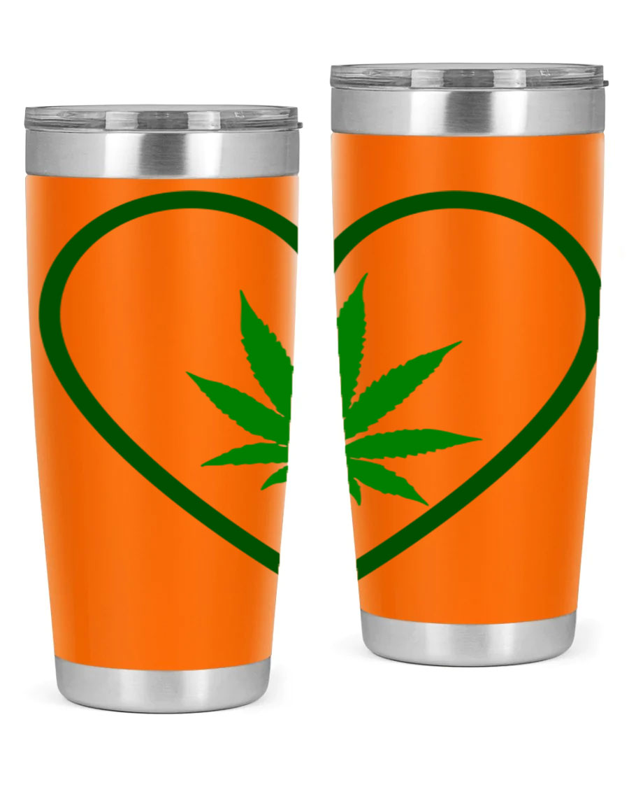 A stylish cannabis art 42# tumbler featuring vibrant cannabis-themed design, double wall vacuum insulation, and a press-in drink-thru lid.
