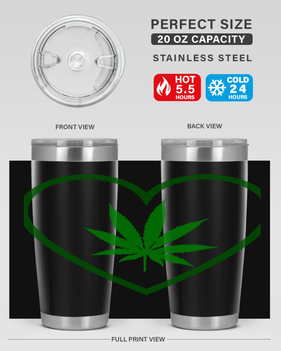 A stylish cannabis art 42# tumbler featuring vibrant cannabis-themed design, double wall vacuum insulation, and a press-in drink-thru lid.