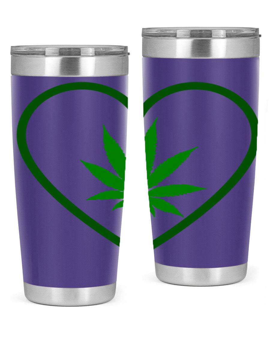 A stylish cannabis art 42# tumbler featuring vibrant cannabis-themed design, double wall vacuum insulation, and a press-in drink-thru lid.