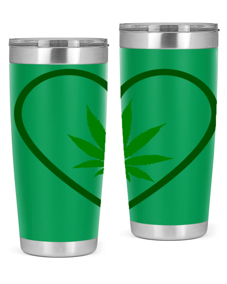 A stylish cannabis art 42# tumbler featuring vibrant cannabis-themed design, double wall vacuum insulation, and a press-in drink-thru lid.