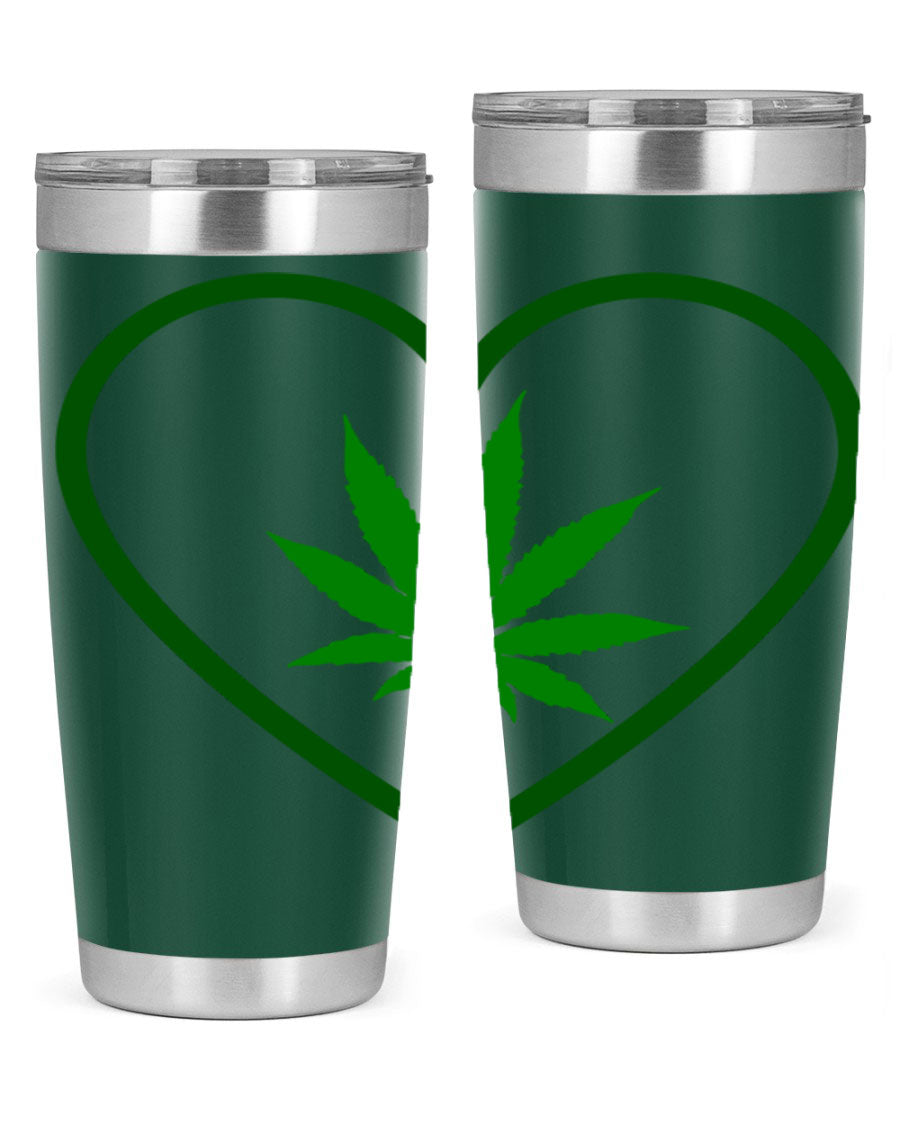 A stylish cannabis art 42# tumbler featuring vibrant cannabis-themed design, double wall vacuum insulation, and a press-in drink-thru lid.