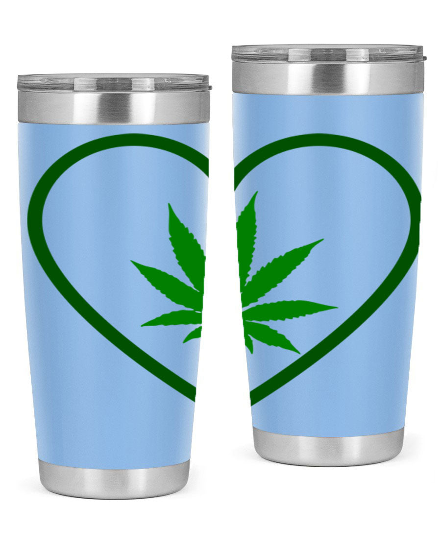 A stylish cannabis art 42# tumbler featuring vibrant cannabis-themed design, double wall vacuum insulation, and a press-in drink-thru lid.