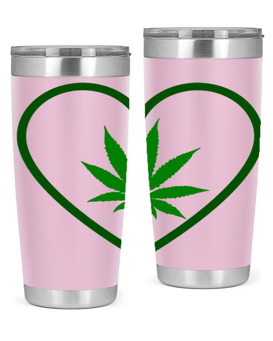 A stylish cannabis art 42# tumbler featuring vibrant cannabis-themed design, double wall vacuum insulation, and a press-in drink-thru lid.