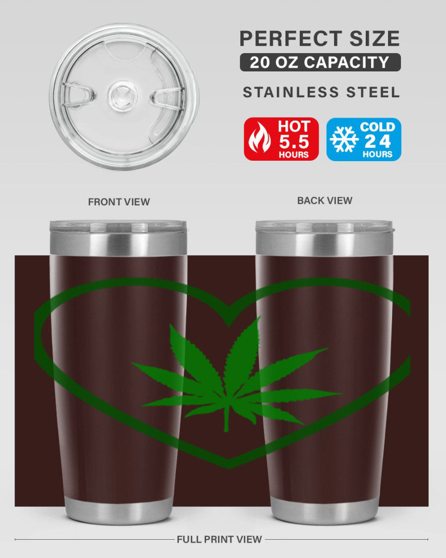 A stylish cannabis art 42# tumbler featuring vibrant cannabis-themed design, double wall vacuum insulation, and a press-in drink-thru lid.