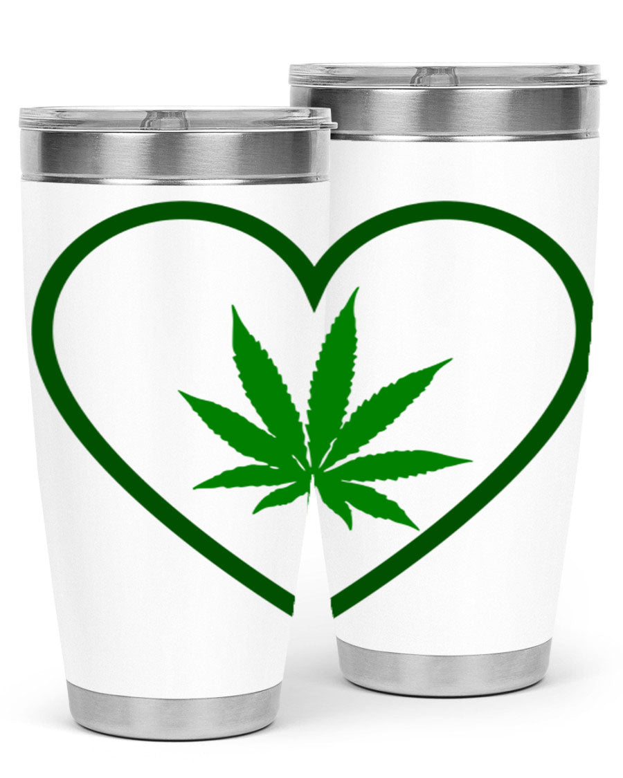 A stylish cannabis art 42# tumbler featuring vibrant cannabis-themed design, double wall vacuum insulation, and a press-in drink-thru lid.