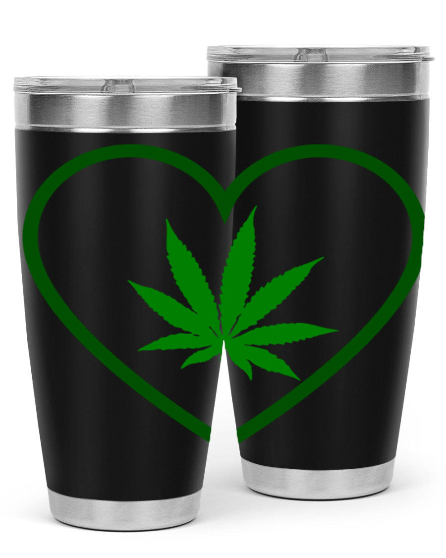 A stylish cannabis art 42# tumbler featuring vibrant cannabis-themed design, double wall vacuum insulation, and a press-in drink-thru lid.