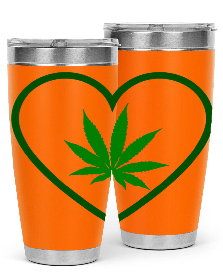 A stylish cannabis art 42# tumbler featuring vibrant cannabis-themed design, double wall vacuum insulation, and a press-in drink-thru lid.