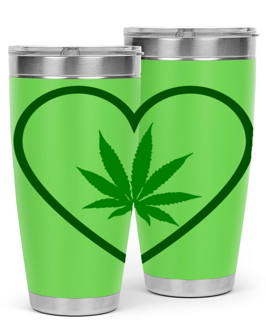 A stylish cannabis art 42# tumbler featuring vibrant cannabis-themed design, double wall vacuum insulation, and a press-in drink-thru lid.