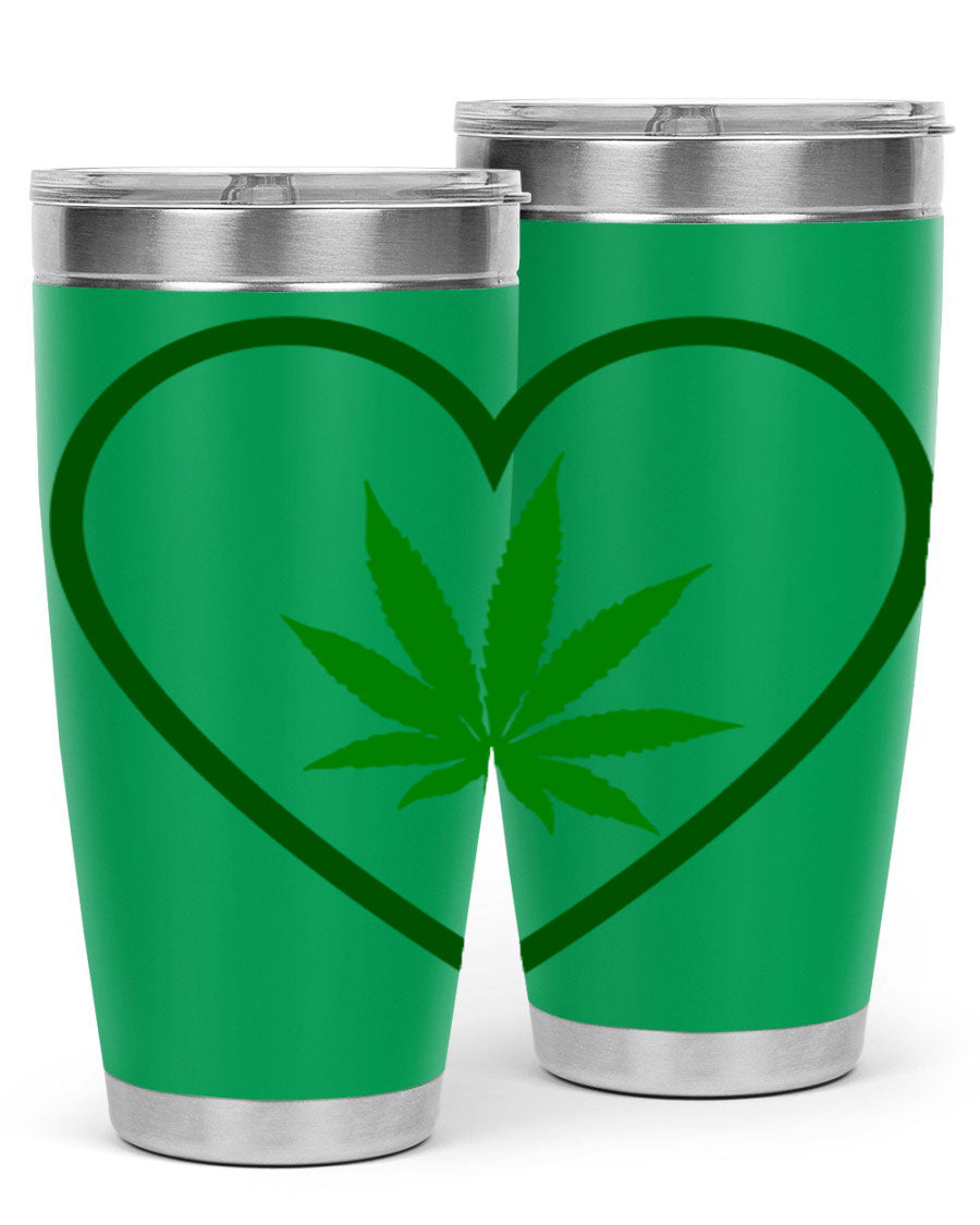 A stylish cannabis art 42# tumbler featuring vibrant cannabis-themed design, double wall vacuum insulation, and a press-in drink-thru lid.