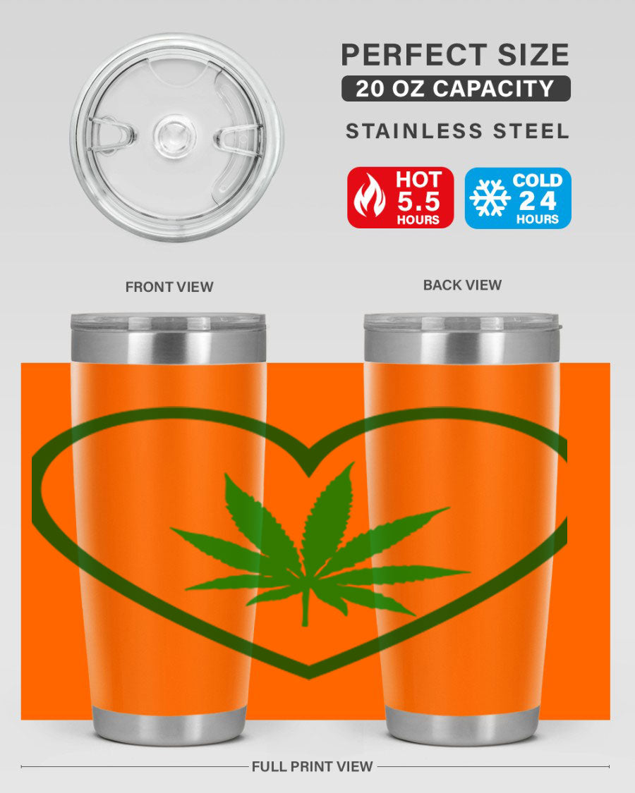 A stylish cannabis art 42# tumbler featuring vibrant cannabis-themed design, double wall vacuum insulation, and a press-in drink-thru lid.