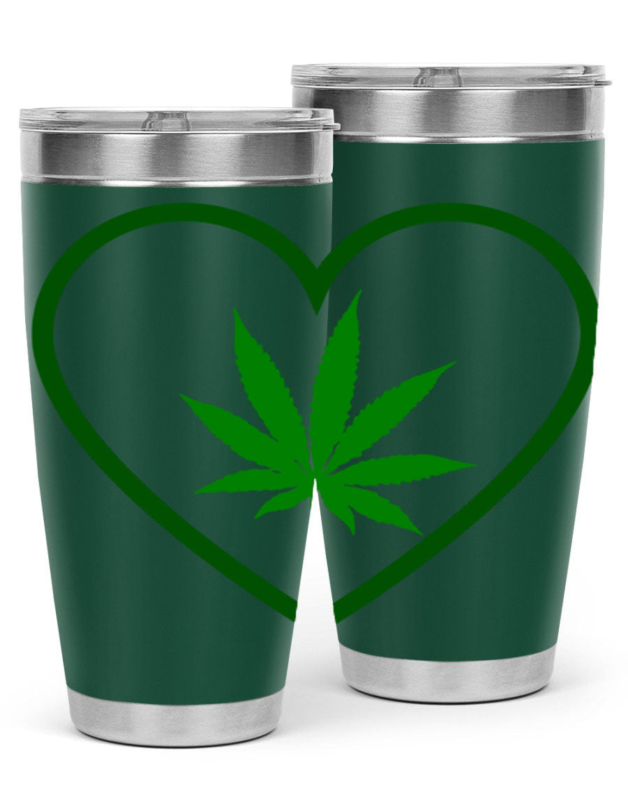 A stylish cannabis art 42# tumbler featuring vibrant cannabis-themed design, double wall vacuum insulation, and a press-in drink-thru lid.