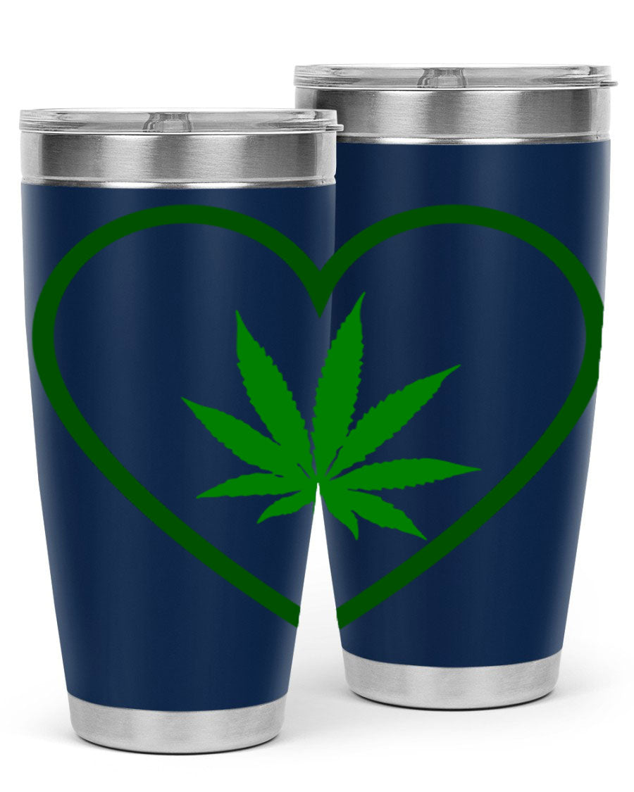 A stylish cannabis art 42# tumbler featuring vibrant cannabis-themed design, double wall vacuum insulation, and a press-in drink-thru lid.