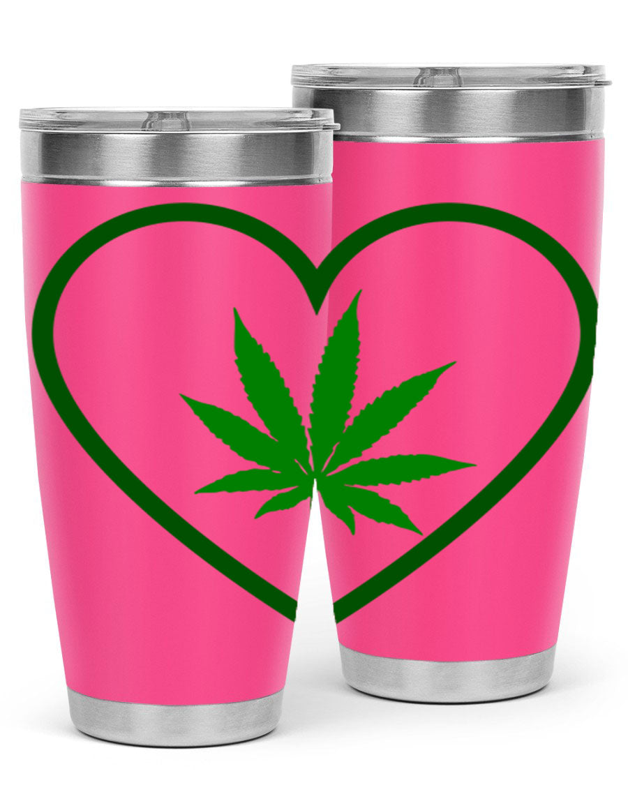 A stylish cannabis art 42# tumbler featuring vibrant cannabis-themed design, double wall vacuum insulation, and a press-in drink-thru lid.