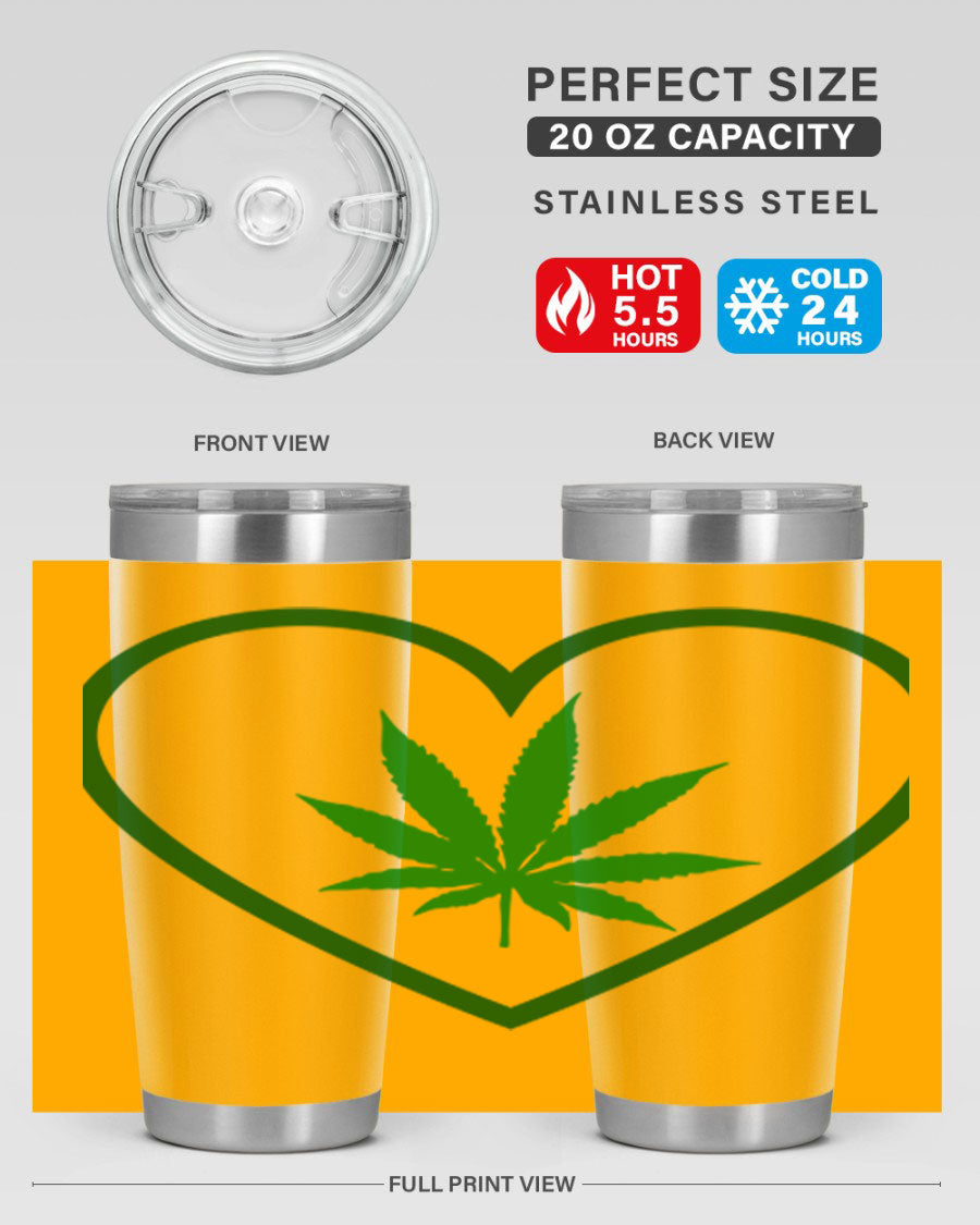 A stylish cannabis art 42# tumbler featuring vibrant cannabis-themed design, double wall vacuum insulation, and a press-in drink-thru lid.