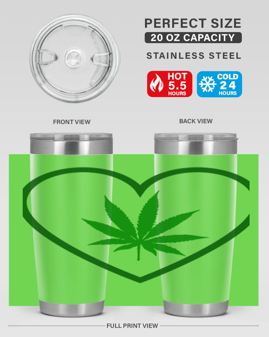 A stylish cannabis art 42# tumbler featuring vibrant cannabis-themed design, double wall vacuum insulation, and a press-in drink-thru lid.