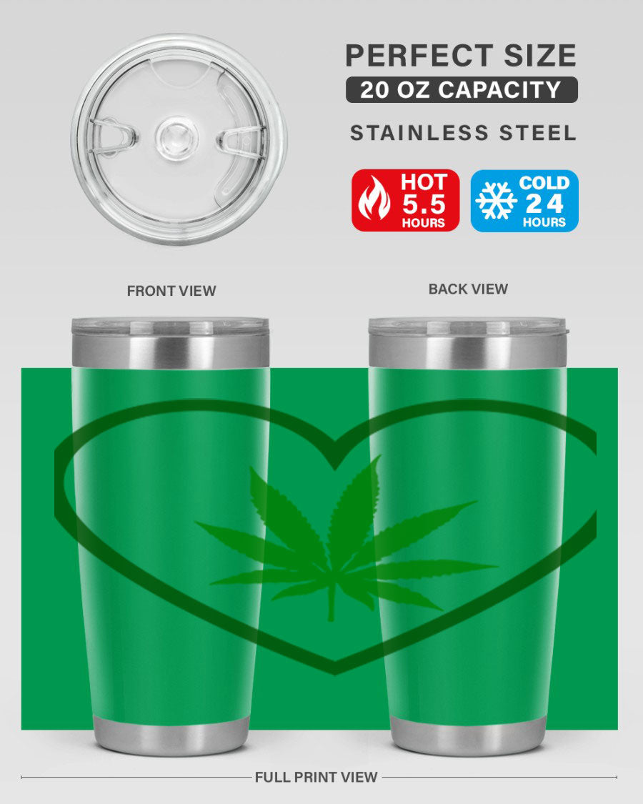 A stylish cannabis art 42# tumbler featuring vibrant cannabis-themed design, double wall vacuum insulation, and a press-in drink-thru lid.