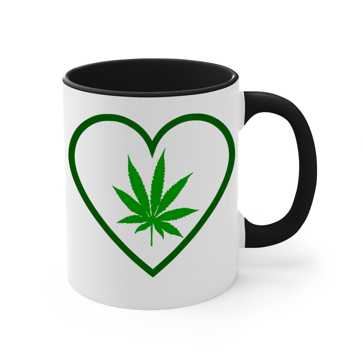 A stylish cannabis art 42# mug featuring a glossy finish, colored handle, and interior, available in multiple colors and sizes.