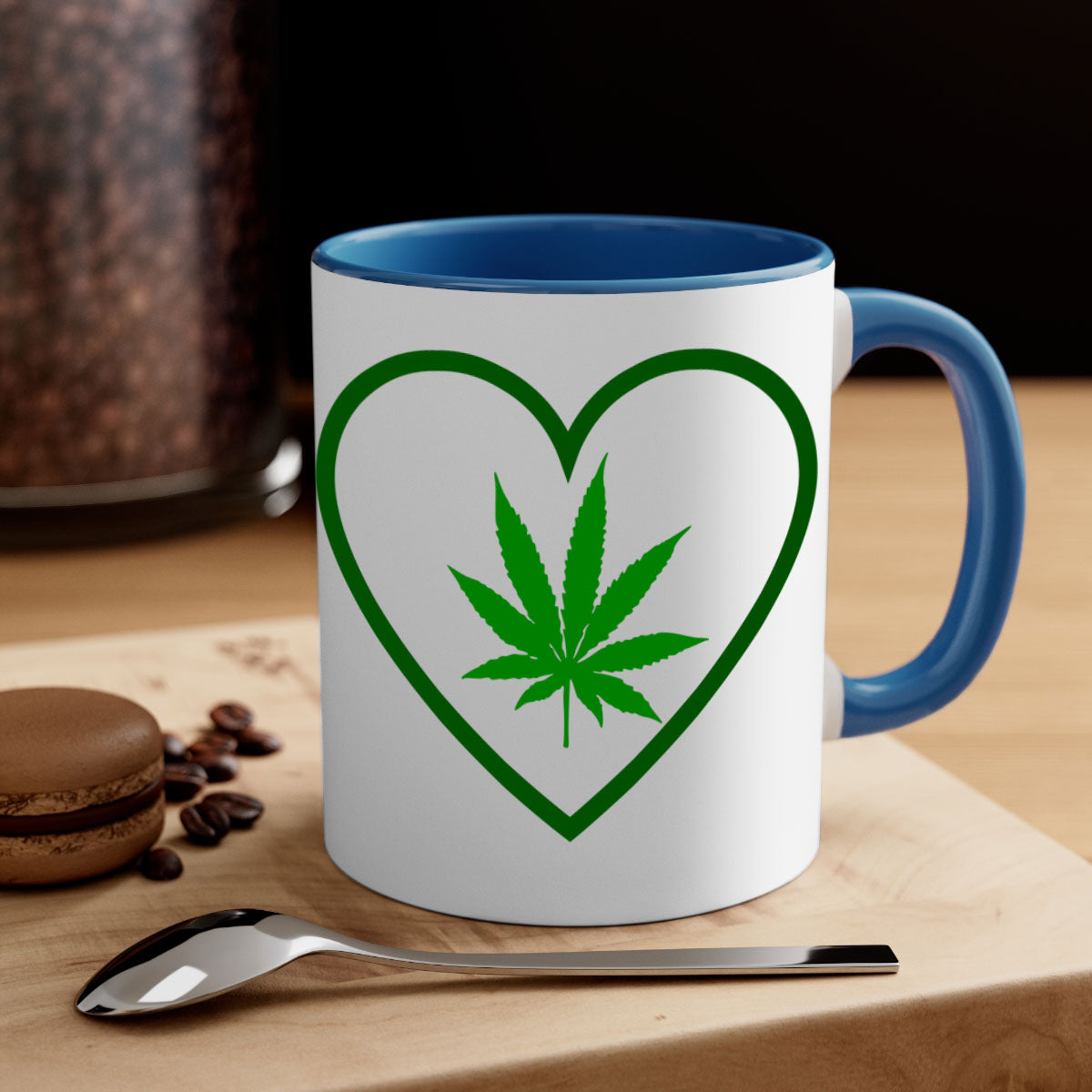 A stylish cannabis art 42# mug featuring a glossy finish, colored handle, and interior, available in multiple colors and sizes.