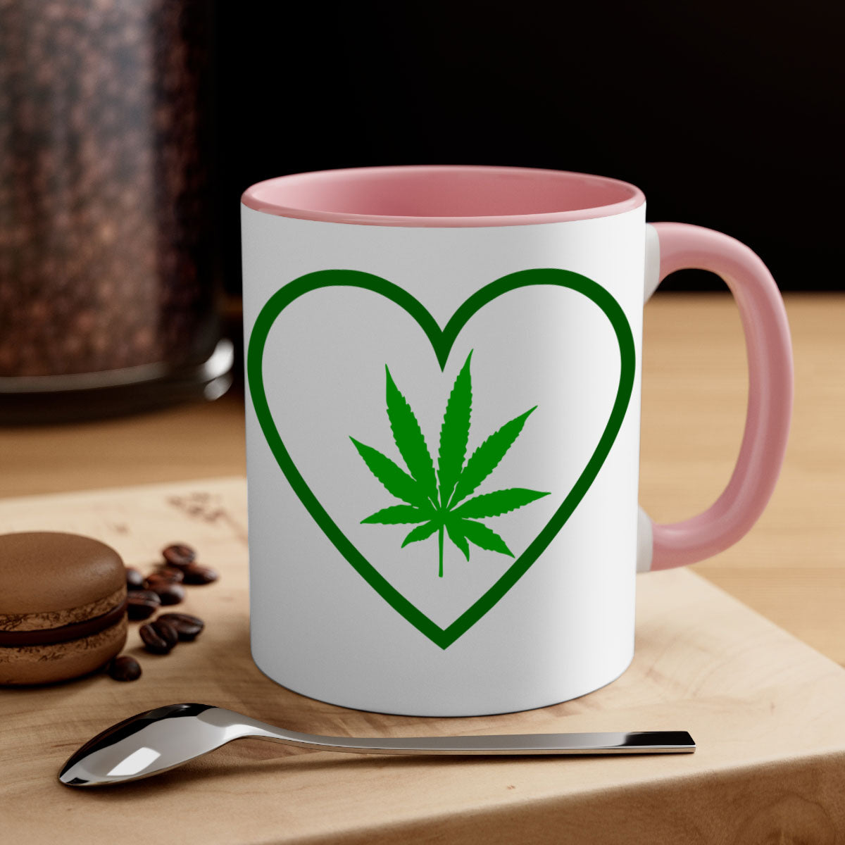 A stylish cannabis art 42# mug featuring a glossy finish, colored handle, and interior, available in multiple colors and sizes.