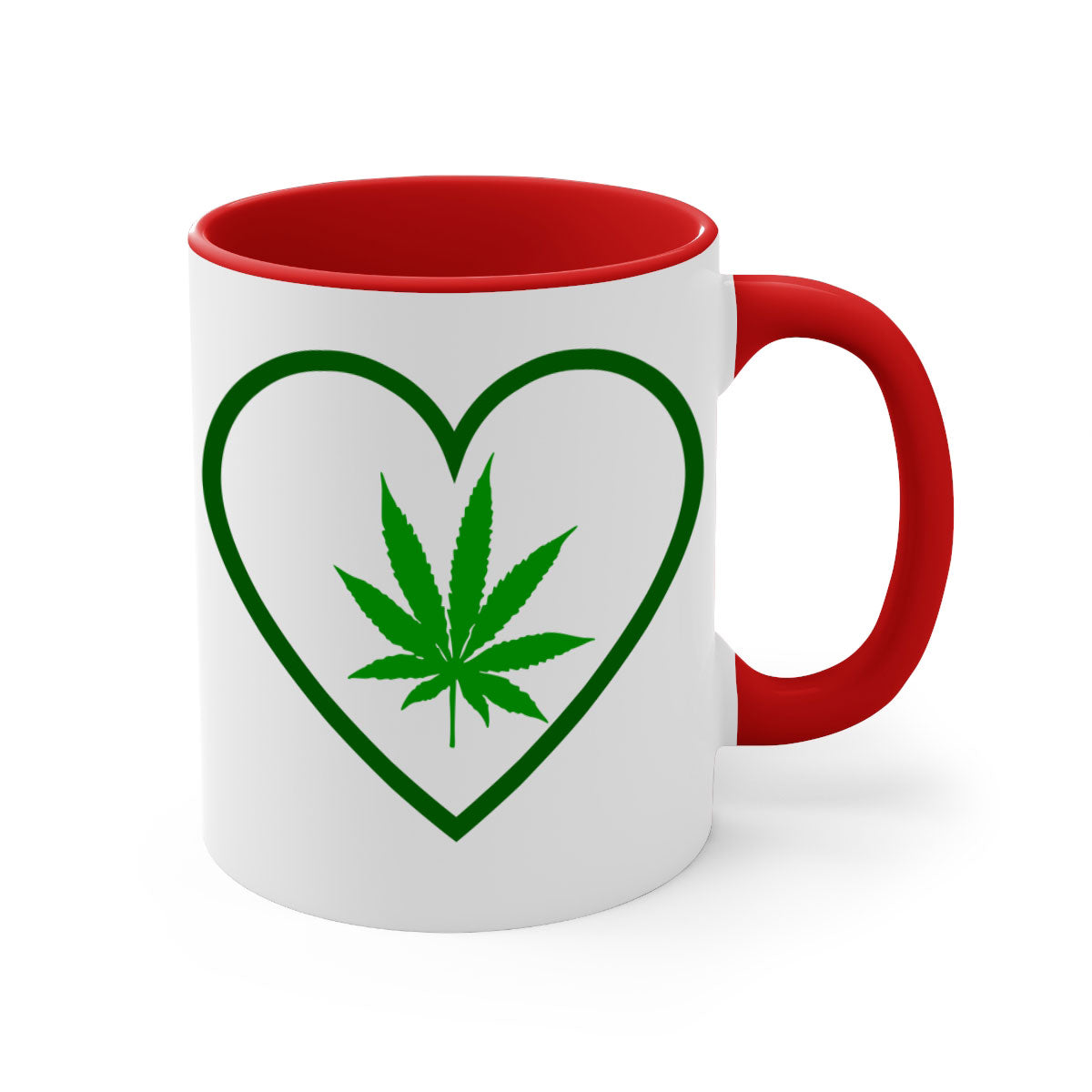 A stylish cannabis art 42# mug featuring a glossy finish, colored handle, and interior, available in multiple colors and sizes.