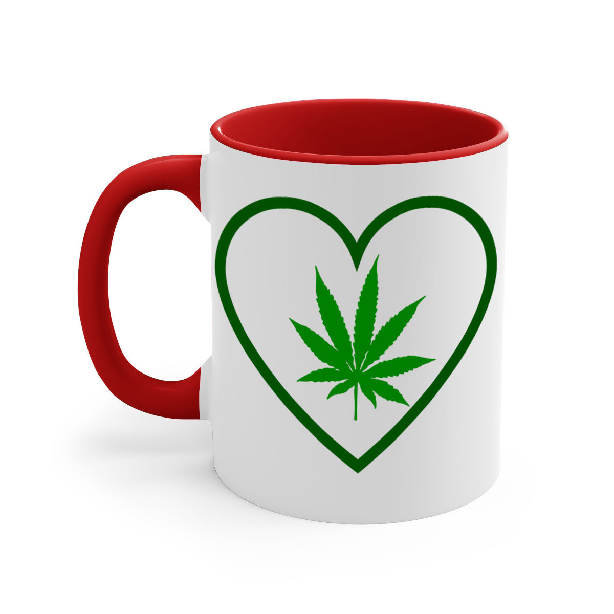 A stylish cannabis art 42# mug featuring a glossy finish, colored handle, and interior, available in multiple colors and sizes.