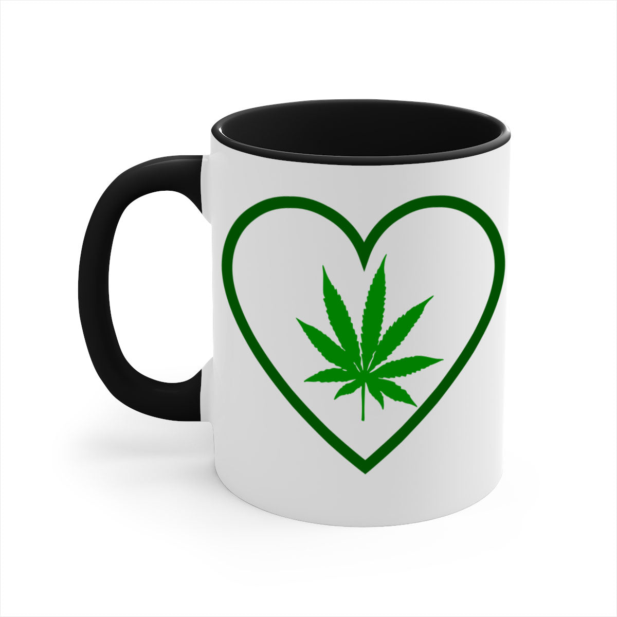 A stylish cannabis art 42# mug featuring a glossy finish, colored handle, and interior, available in multiple colors and sizes.