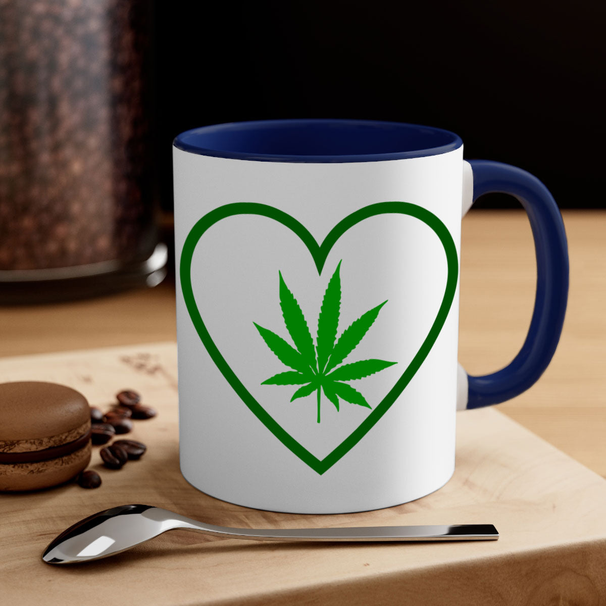 A stylish cannabis art 42# mug featuring a glossy finish, colored handle, and interior, available in multiple colors and sizes.