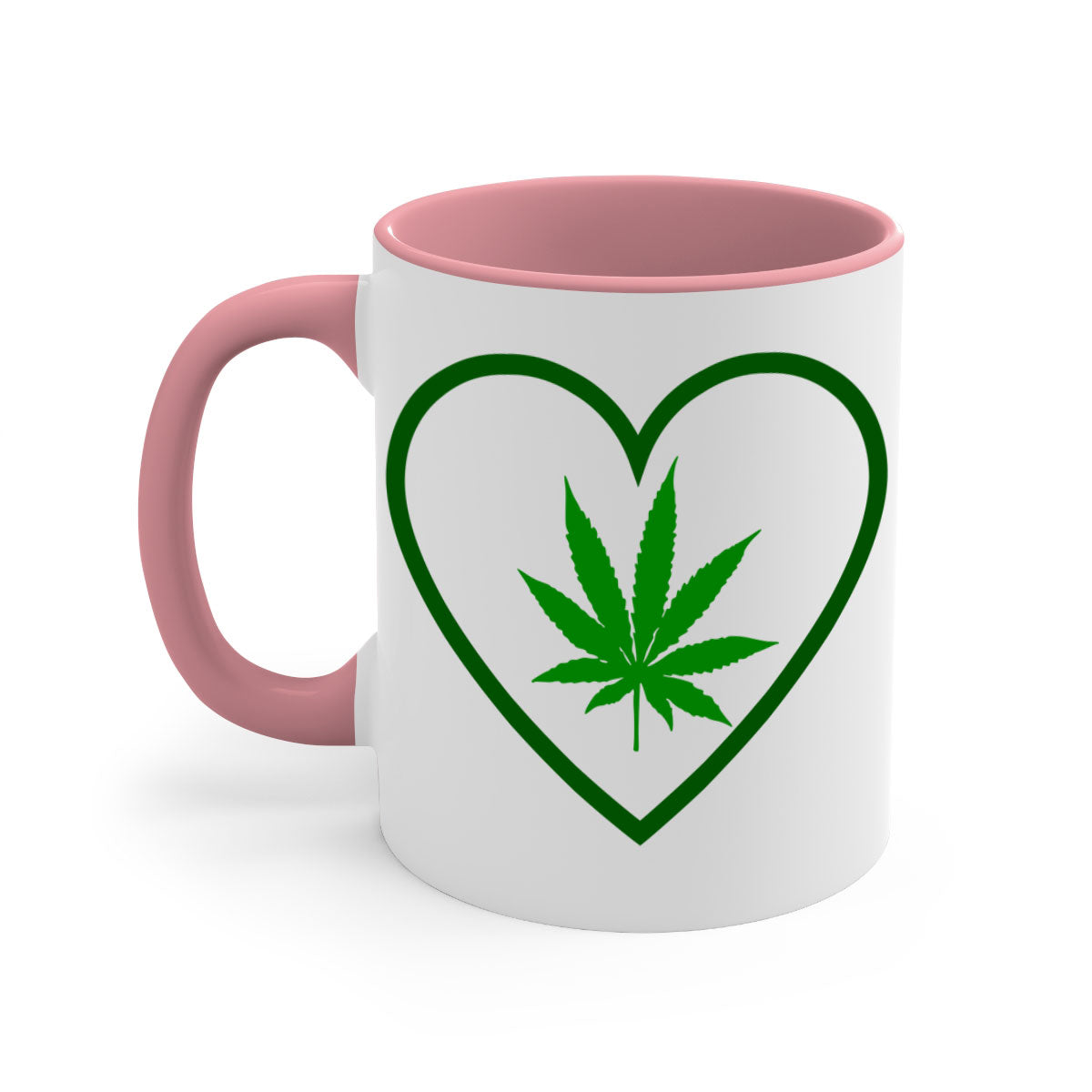 A stylish cannabis art 42# mug featuring a glossy finish, colored handle, and interior, available in multiple colors and sizes.
