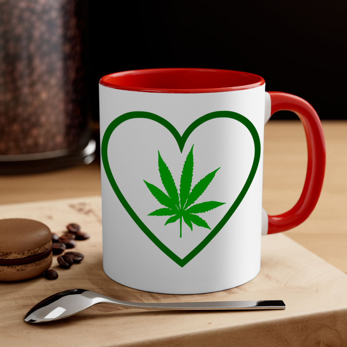 A stylish cannabis art 42# mug featuring a glossy finish, colored handle, and interior, available in multiple colors and sizes.