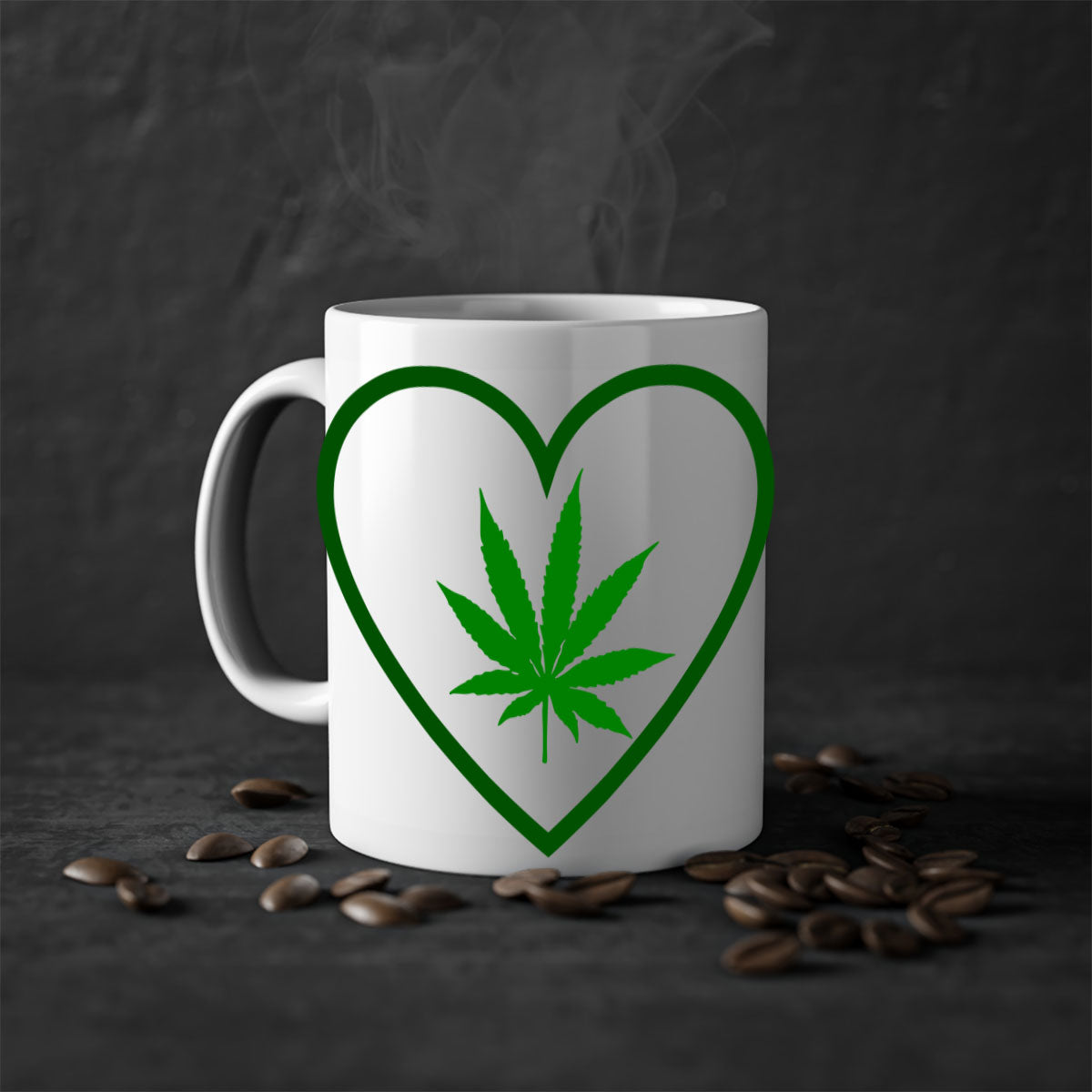 A stylish cannabis art 42# mug featuring a glossy finish, colored handle, and interior, available in multiple colors and sizes.