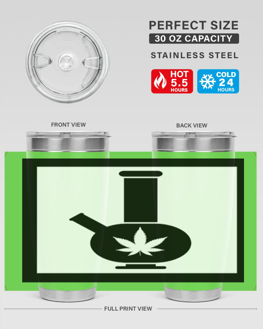 A stylish cannabis art 43# tumbler featuring a vibrant marijuana design, made of double wall vacuum stainless steel with a drink-thru lid.
