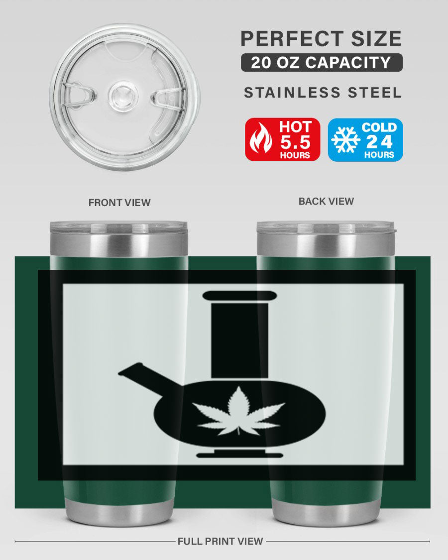 A stylish cannabis art 43# tumbler featuring a vibrant marijuana design, made of double wall vacuum stainless steel with a drink-thru lid.