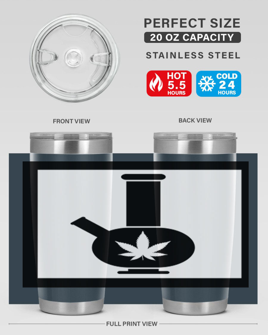 A stylish cannabis art 43# tumbler featuring a vibrant marijuana design, made of double wall vacuum stainless steel with a drink-thru lid.