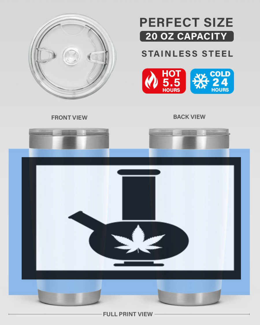 A stylish cannabis art 43# tumbler featuring a vibrant marijuana design, made of double wall vacuum stainless steel with a drink-thru lid.